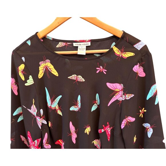 Y2K Michele Michelle Black Butterfly Print Blouse Large Sheer Festival Boho - Picture 3 of 5